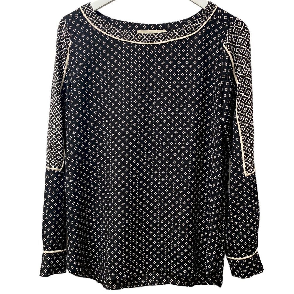 ANN TAYLOR LOFT Blouse Size XS Black Cream Boho Print Long Sleeve Womens Top